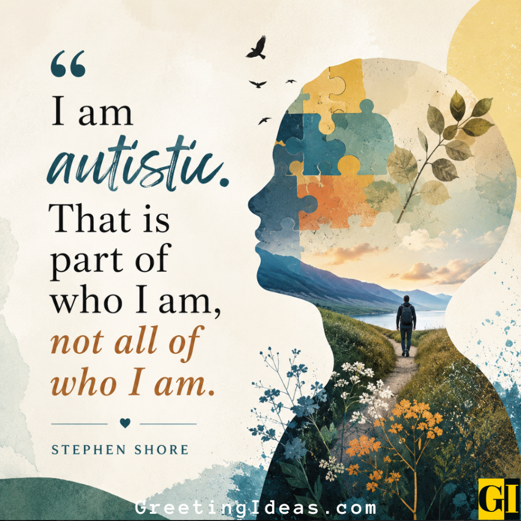 Illustrated human silhouette filled with puzzle pieces and a landscape, beside Stephen Shore identity quote