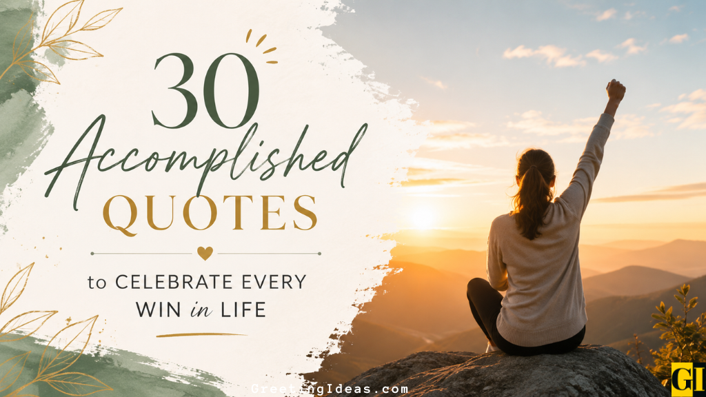 Woman raising fist in victory on a mountain peak at sunrise above a collection of accomplished quotes