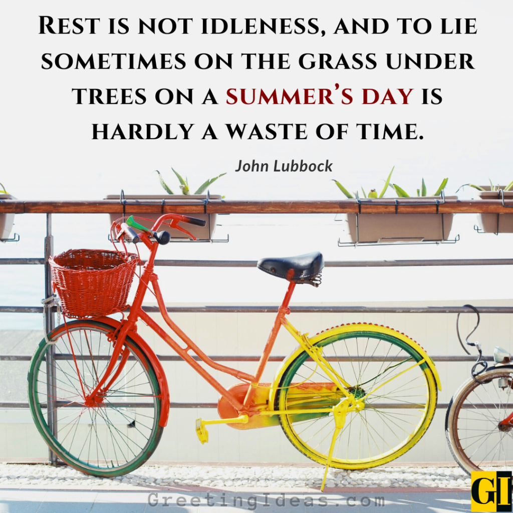 Quote about resting under trees on summer day with colorful bicycle by the beach