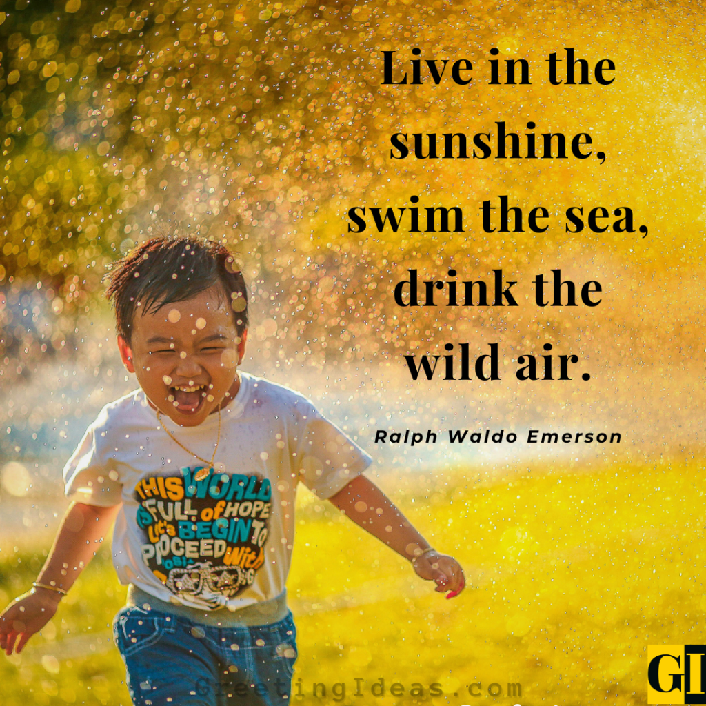 Ralph Waldo Emerson quote about living in sunshine and drinking wild air on summer background