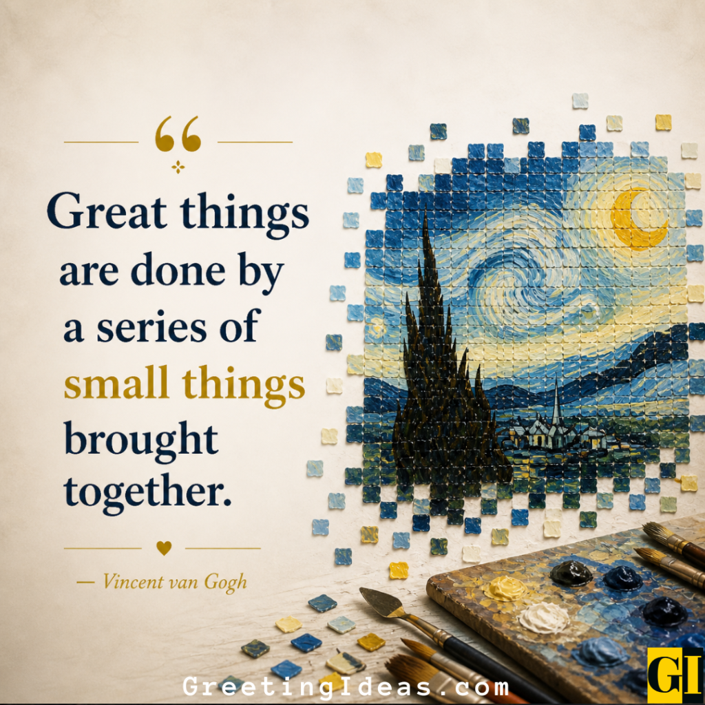 Mosaic of Van Gogh's Starry Night assembled from small tiles, symbolizing collaborative effort and group motivation