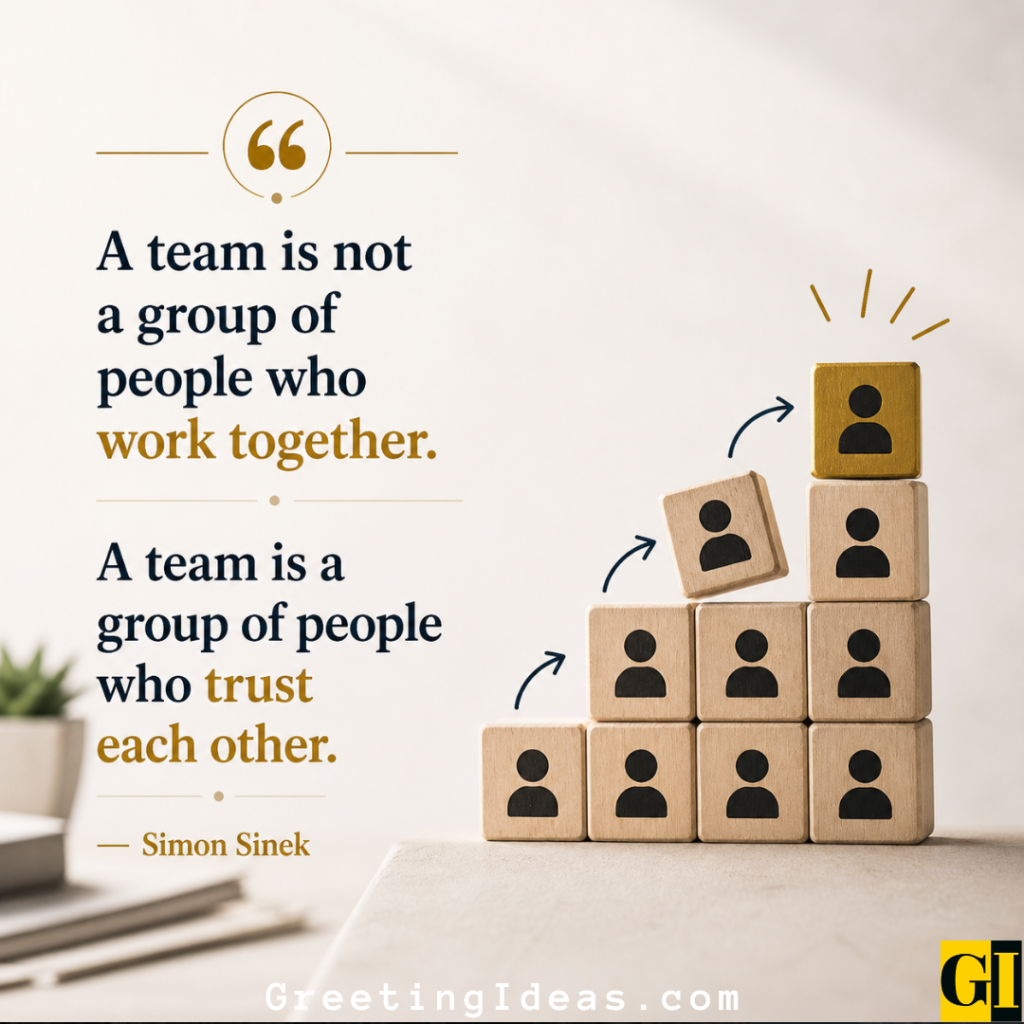 Stacked wooden blocks with people icons illustrating Simon Sinek's team quote about trust over collaboration
