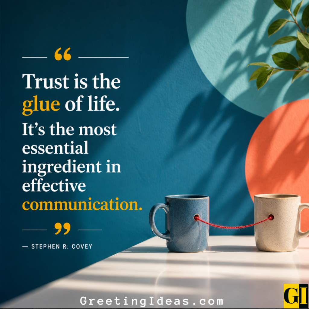 Two mugs connected by a red thread against a teal wall, representing Stephen Covey's teamwork quote on trust and communication