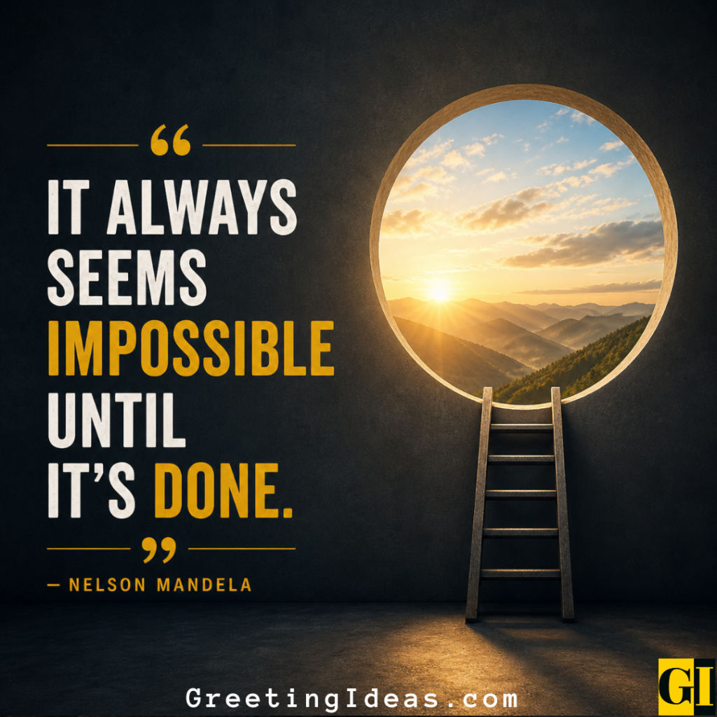 A ladder reaching through a circular window toward a sunlit mountain horizon, illustrating Nelson Mandela's resilience quote