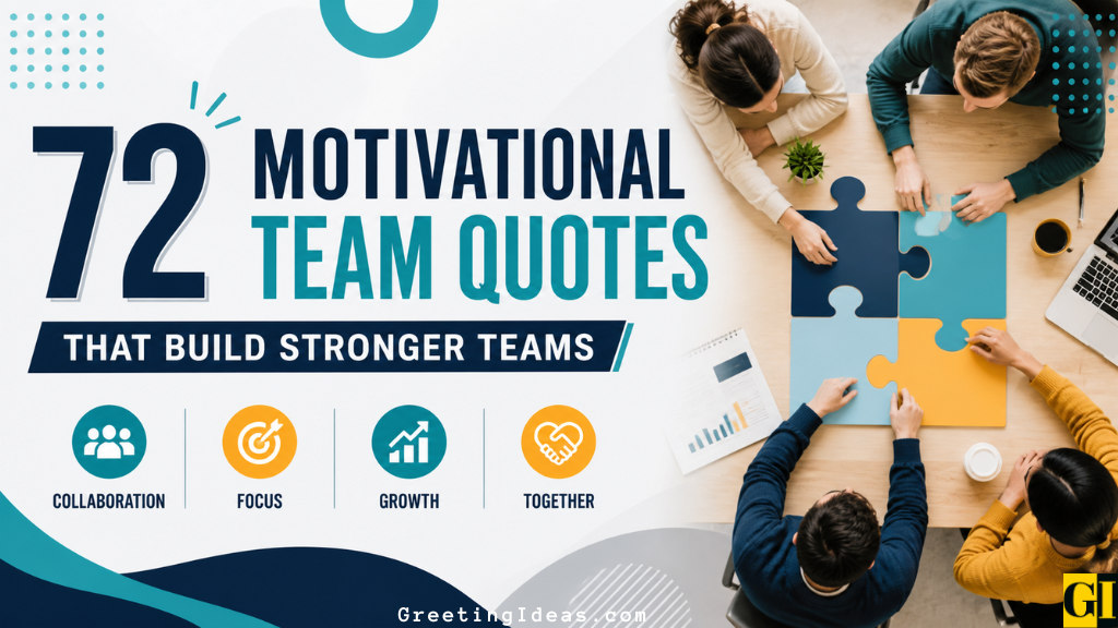 Four colleagues assembling a large puzzle together overhead, representing motivational team quotes that build stronger teams