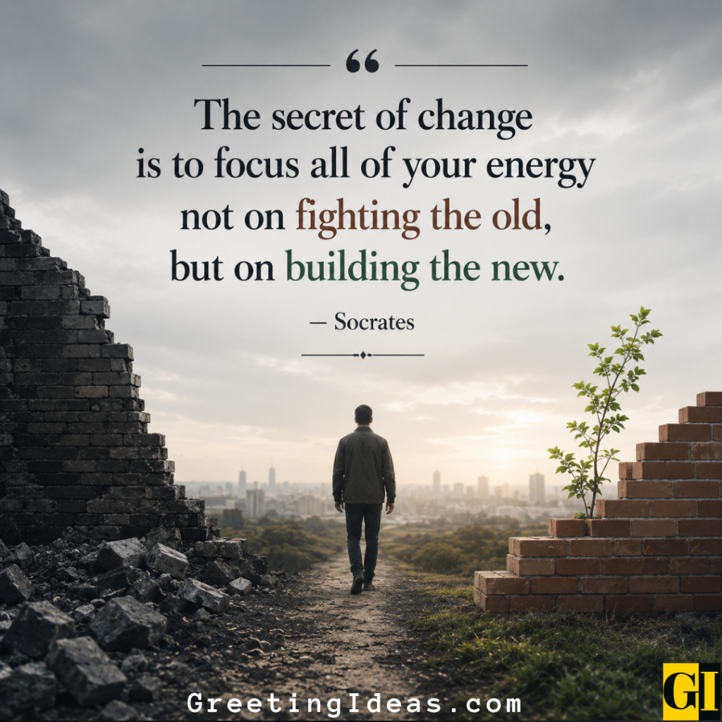 Man walking between ruins and new bricks, illustrating a Socrates transformation quote about channeling energy into building rather than resisting the past