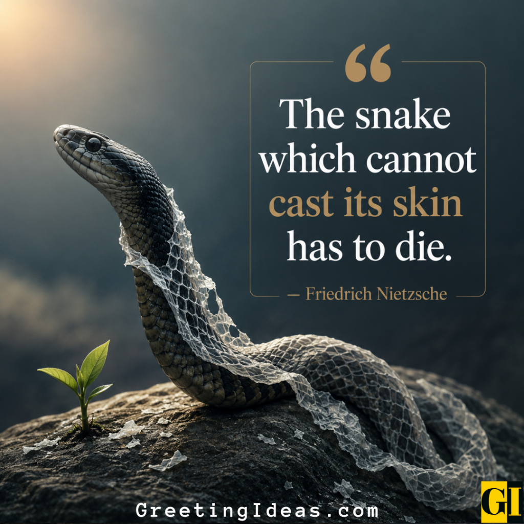 Snake shedding its skin on a rock, paired with Nietzsche's transformation quote about the necessity of letting go to survive and evolve