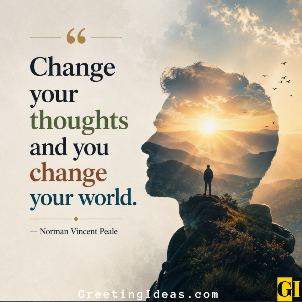 Double exposure of a man's silhouette and mountain sunrise, illustrating Norman Vincent Peale's mindset shift quote about thoughts shaping your world