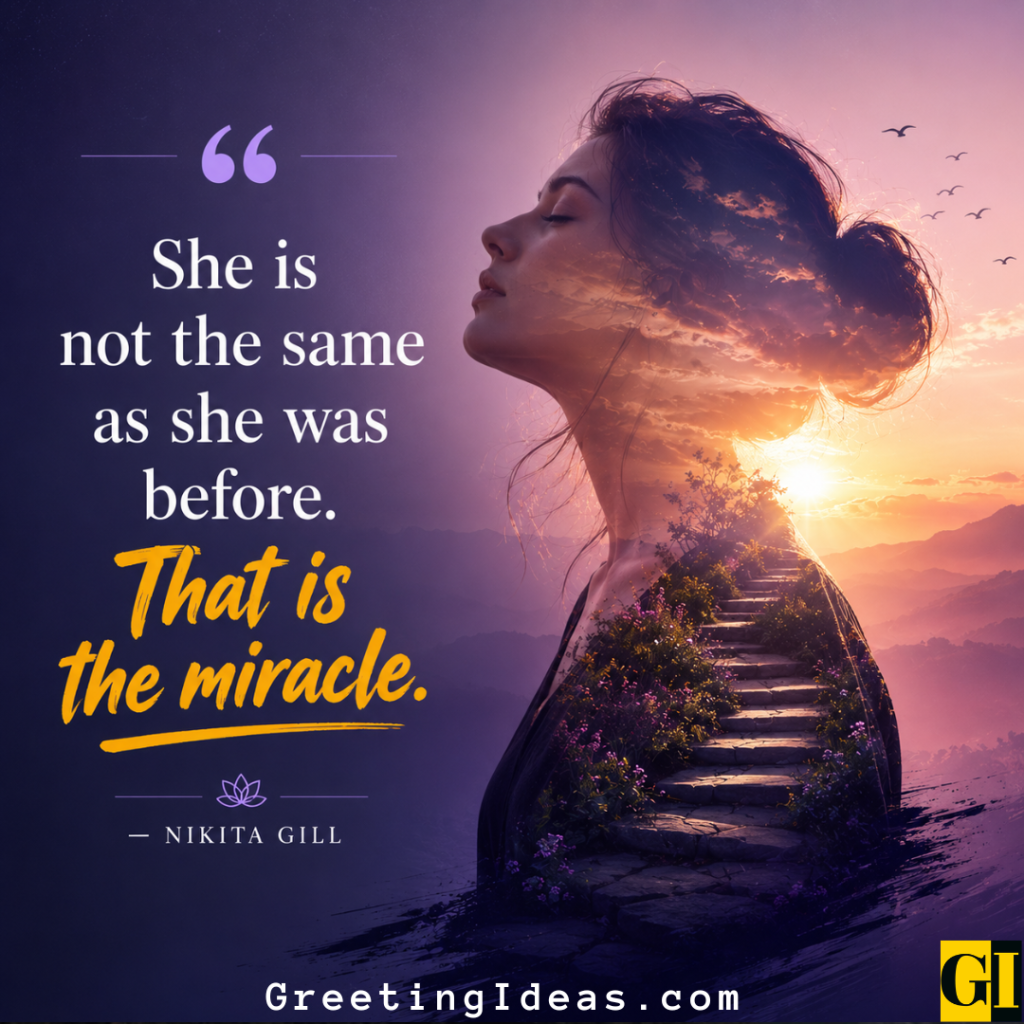 Woman's silhouette blending into a purple sunrise staircase, with Nikita Gill's transformation quote celebrating a woman's inner reinvention as a miracle