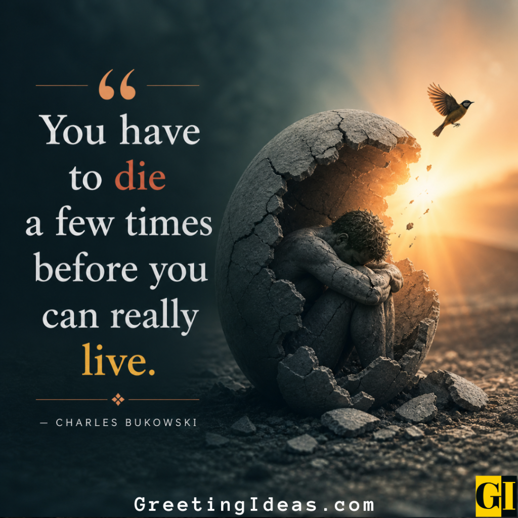 Human figure curled inside a cracked stone egg with a bird taking flight, illustrating Bukowski's transformation quote about dying emotionally before truly living