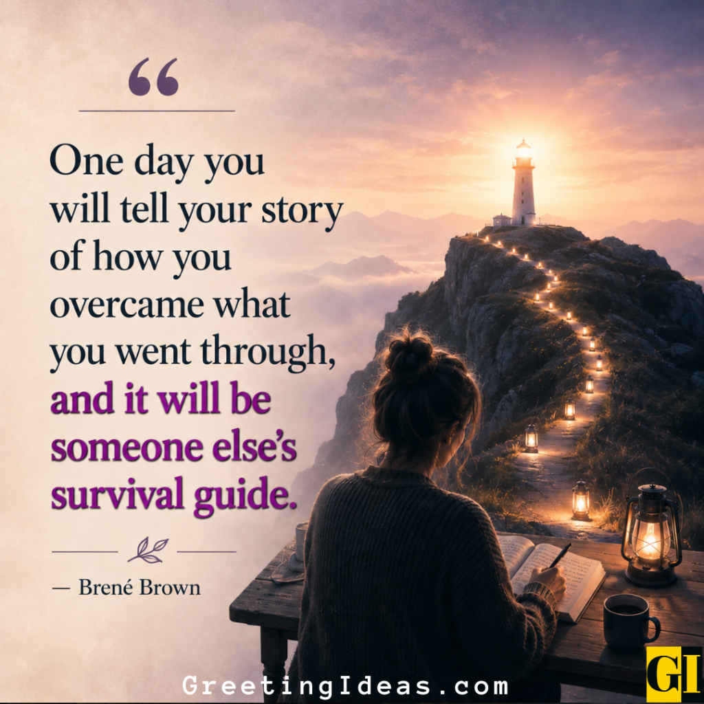 Woman writing by lantern light with a lighthouse on a cliff, framing Brené Brown's transformation quote about turning personal struggle into someone else's survival guide