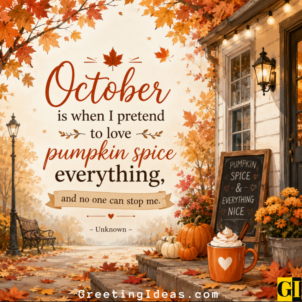 Pumpkin Spice Season Cozy fall porch with playful pumpkin spice October quote