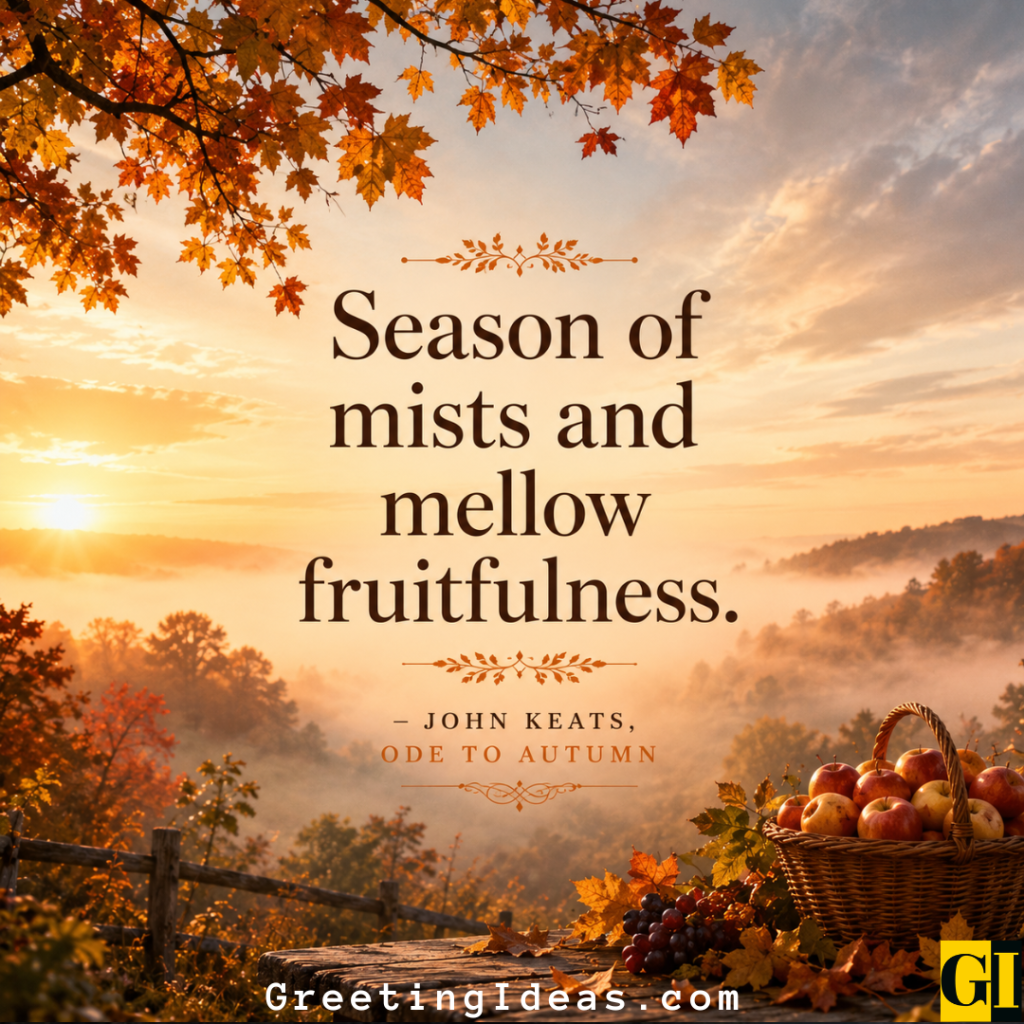 Season of Mellow Fruitfulness Misty autumn valley with harvest basket and Keats quote