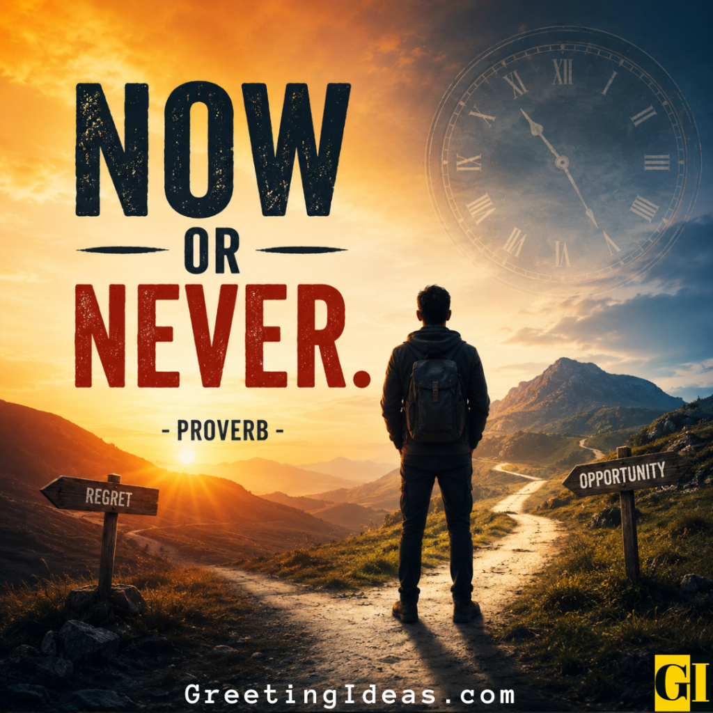 Man at mountain crossroads between Regret and Opportunity signs beneath a clock-filled sky