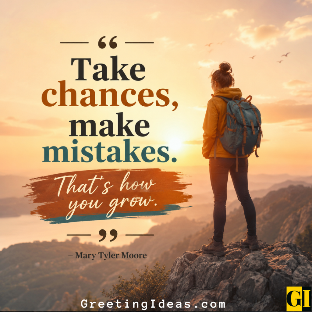 Woman with backpack standing on mountain summit at golden sunset with take chances quote