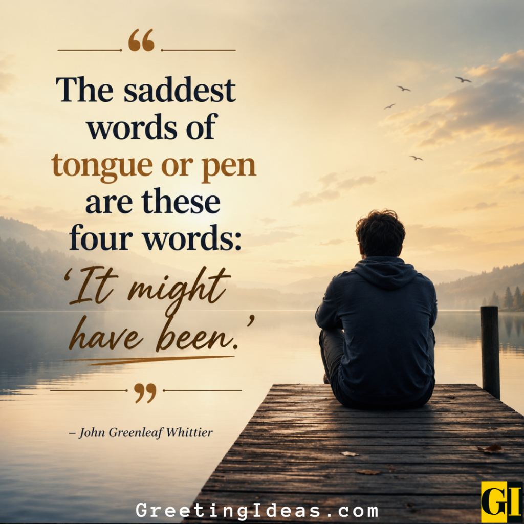 Solitary man sitting on wooden dock at misty lake sunrise with Whittier quote on regret