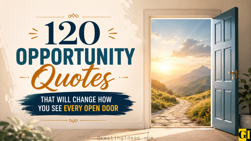 Opportunity quotes featured image showing an open blue door leading to a sunlit mountain path