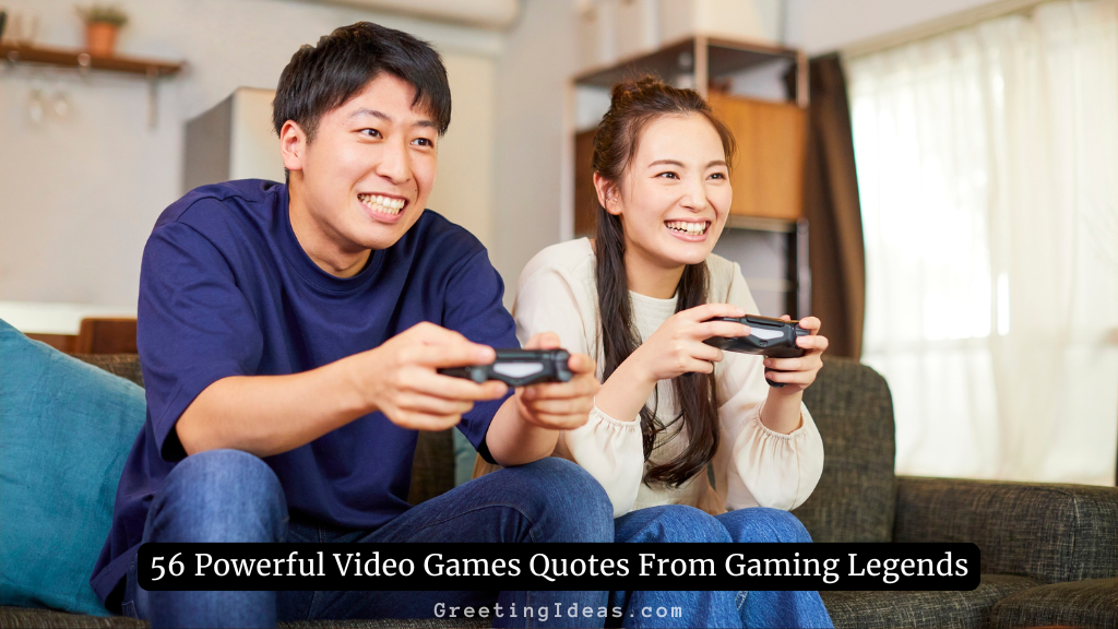Two young gamers playing together while holding controllers, smiling and enjoying powerful video games quotes and gaming moments at home