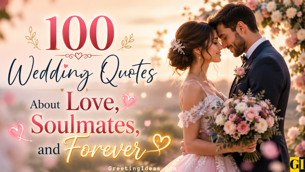 Bride and groom standing close at golden hour with floral arch and romantic title overlay