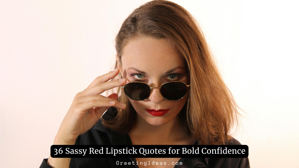 Woman wearing sunglasses and bold red lipstick with text 36 sassy red lipstick quotes for bold confidence and self-empowerment