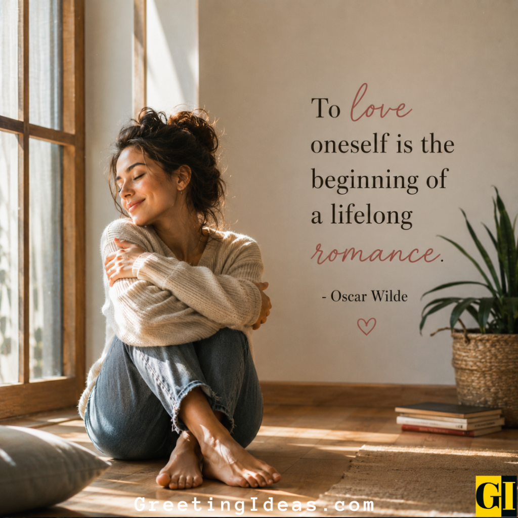 Self-Love in a Quiet Moment Woman hugging herself and smiling softly in a sun-filled room with Oscar Wilde quote on self-love