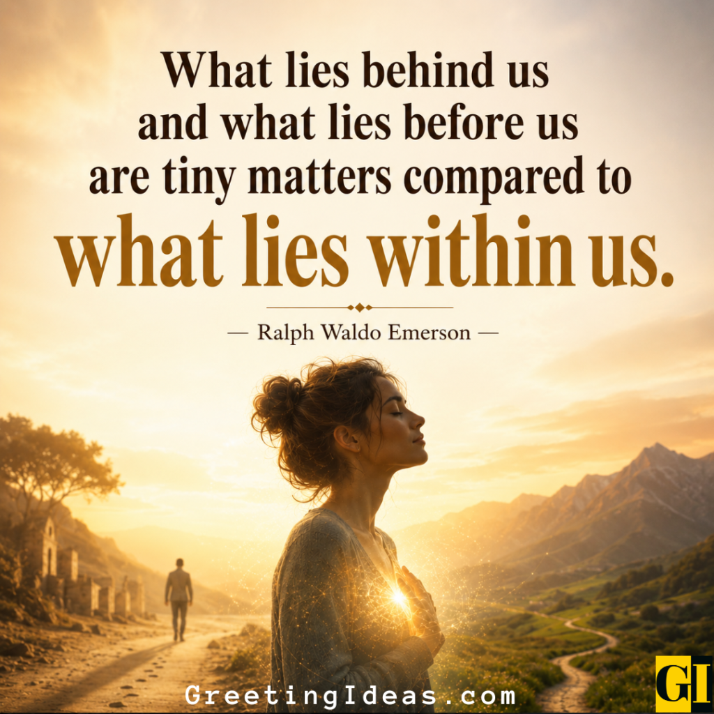What Lives Within Us — Emerson Woman standing in glowing golden landscape with light emanating from her chest and Ralph Waldo Emerson quote on inner strength