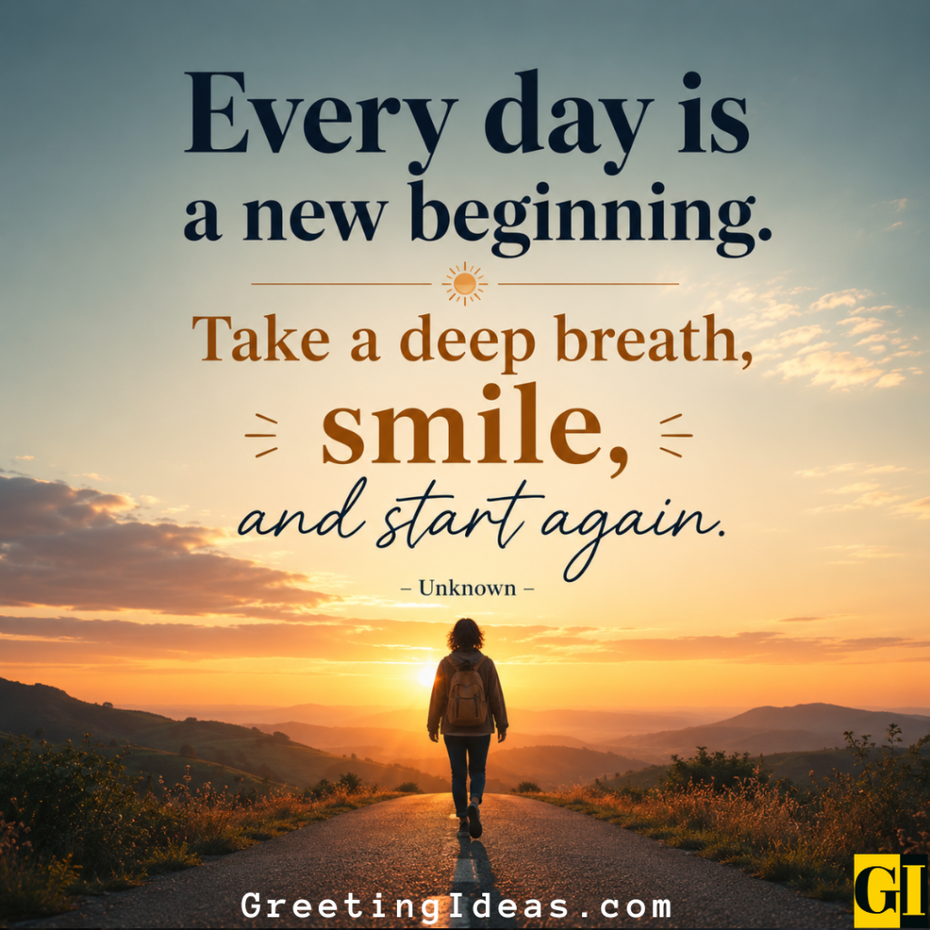 Walking Into a Fresh Start Person with backpack walking down an open road toward a vibrant sunrise with quote about fresh starts and smiling