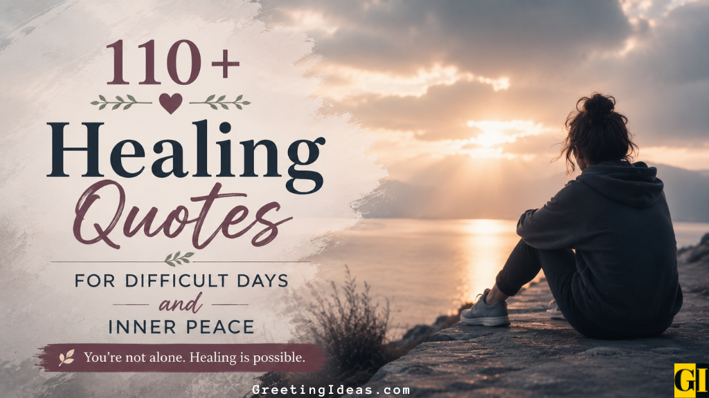 Woman sitting alone on rocks by a calm lake at sunset beneath a dramatic cloudy sky with text reading 110 Plus Healing Quotes for Difficult Days and Inner Peace