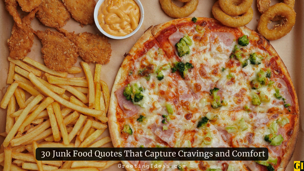 Delicious junk food quotes collection featuring pizza, french fries, chicken nuggets and onion rings representing comfort food cravings