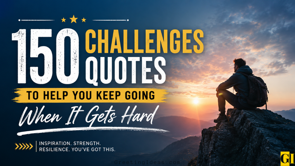 Hiker sitting on a rocky cliff at sunset with bold text reading 150 Challenges Quotes to Help You Keep Going When It Gets Hard