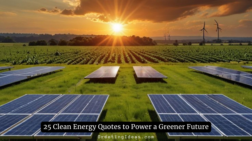 Clean energy quotes solar panels wind turbines sunset farm renewable power inspiration greener future