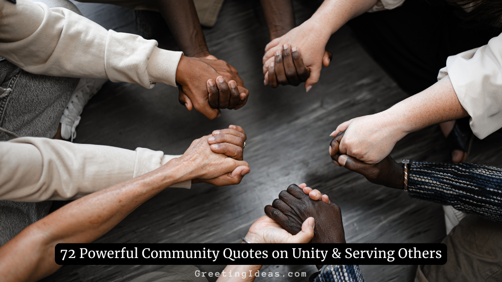 Community quotes inspiring unity and togetherness - diverse hands joined in circle showing social harmony and connection