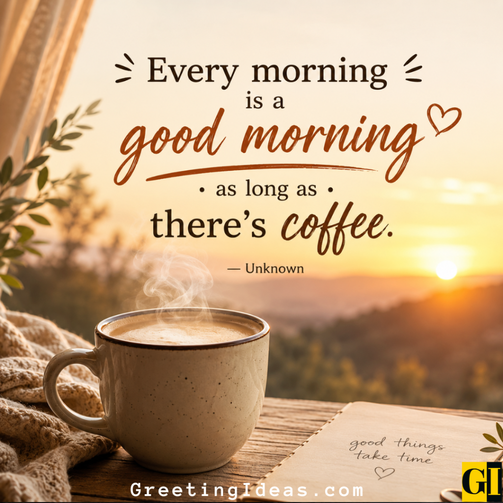 Steaming cappuccino at sunrise with a quote celebrating every morning made better by coffee