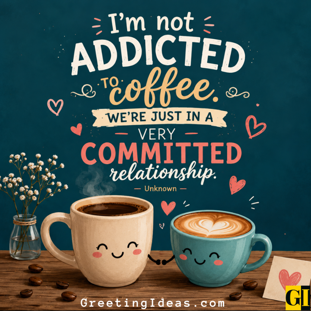 Two cheerful cartoon coffee mugs holding hands with a humorous quote about a devoted coffee relationship