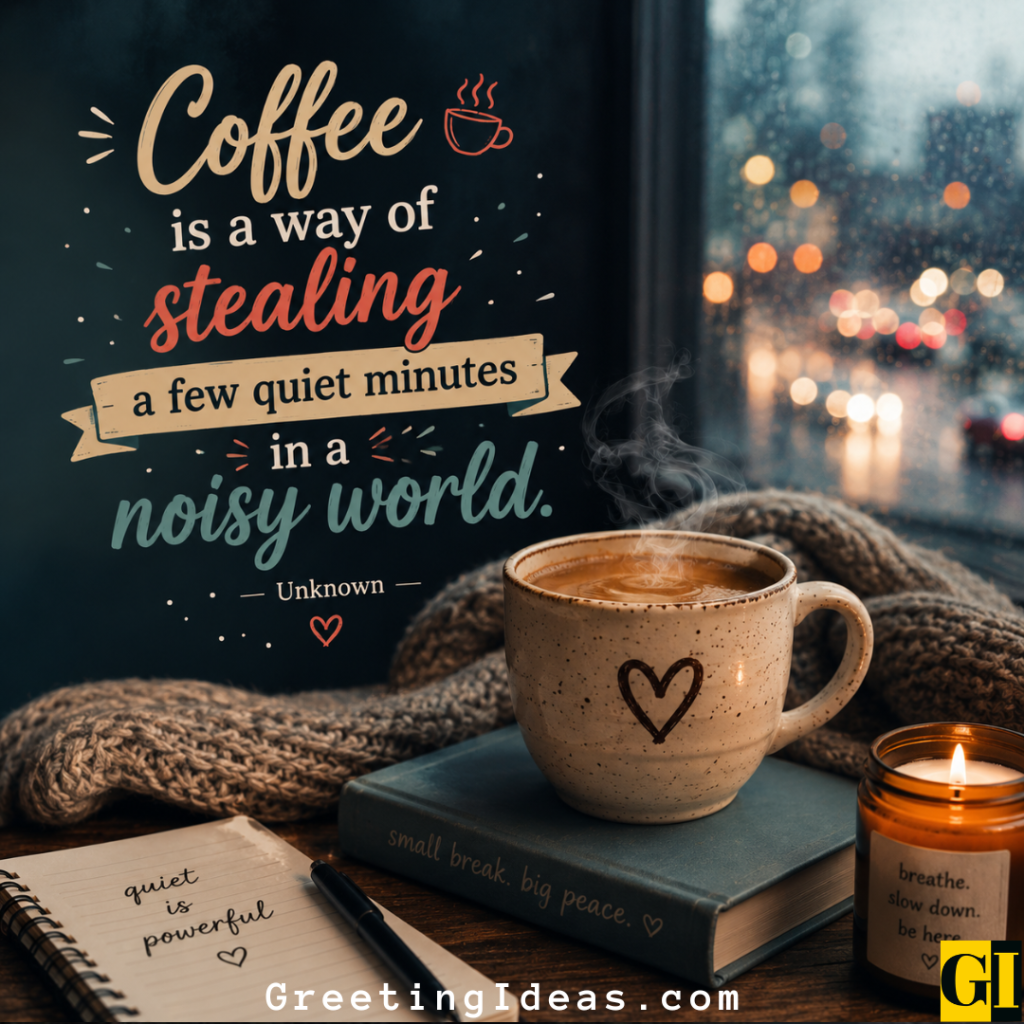 Latte art cappuccino on a pastel desk with a quote about surviving Monday on coffee and good vibes