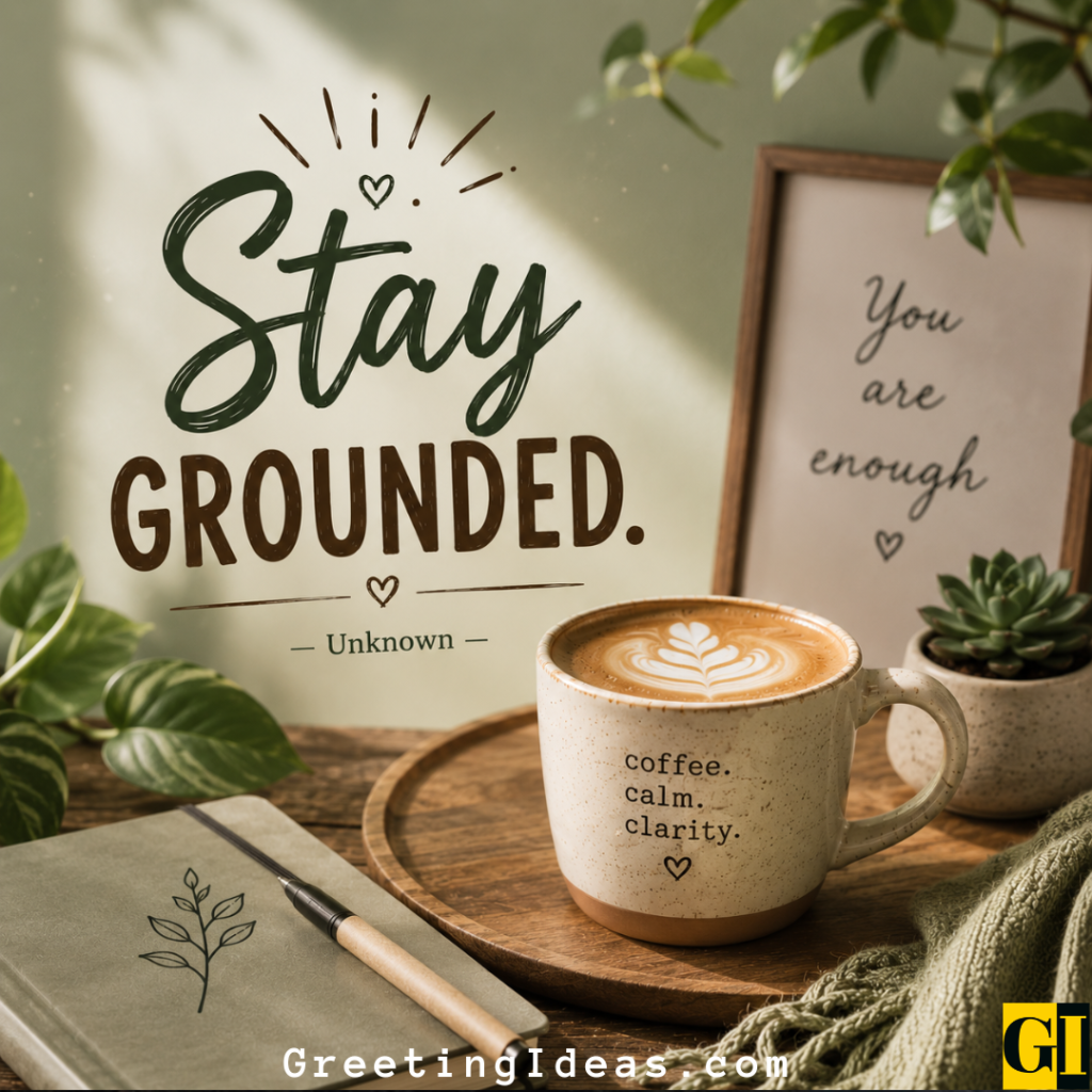 Frothy cappuccino on a wooden tray surrounded by plants with a grounding mindfulness coffee quote