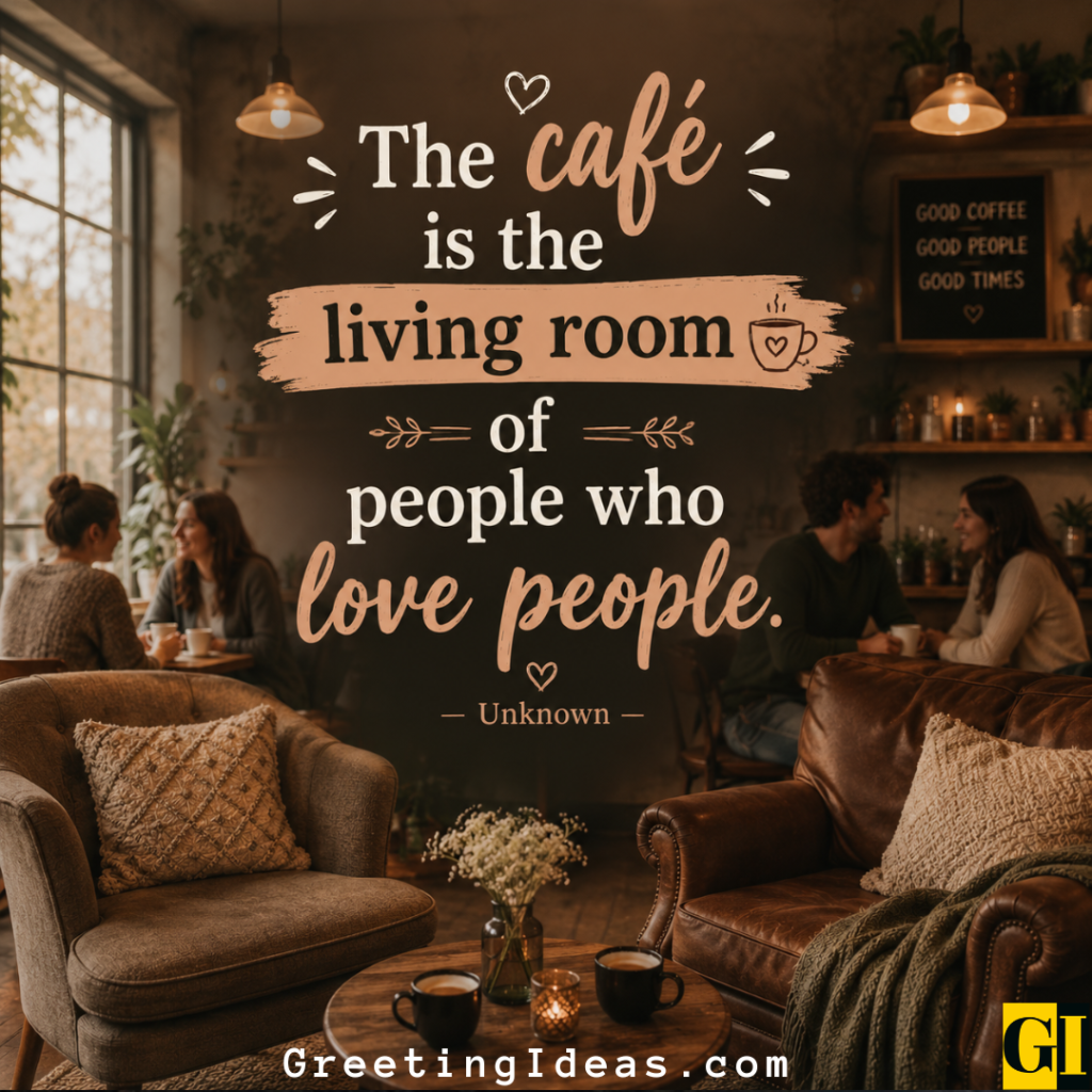 Warm rustic café interior with people gathered and a quote about cafés as community living rooms