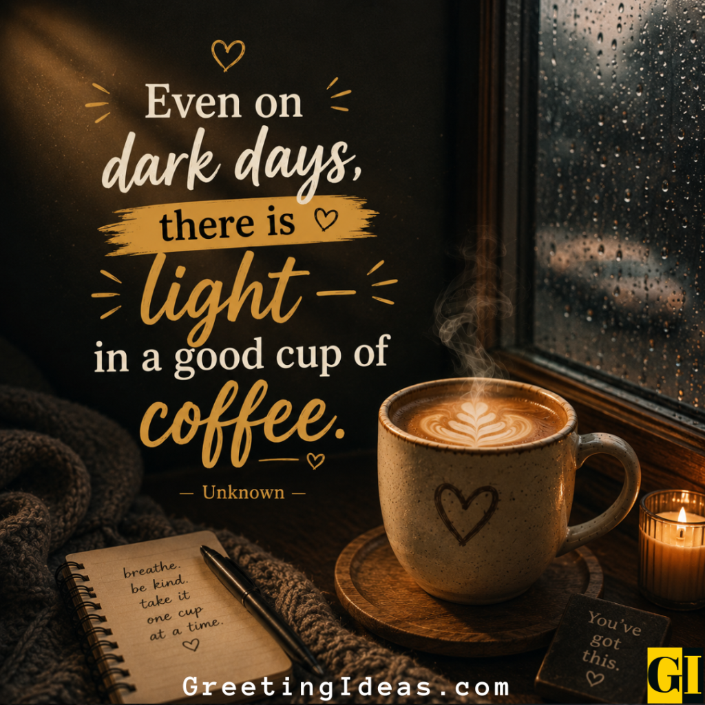 Glowing cappuccino with latte art beside a candle on a rainy night evoking hope through a warm coffee quote