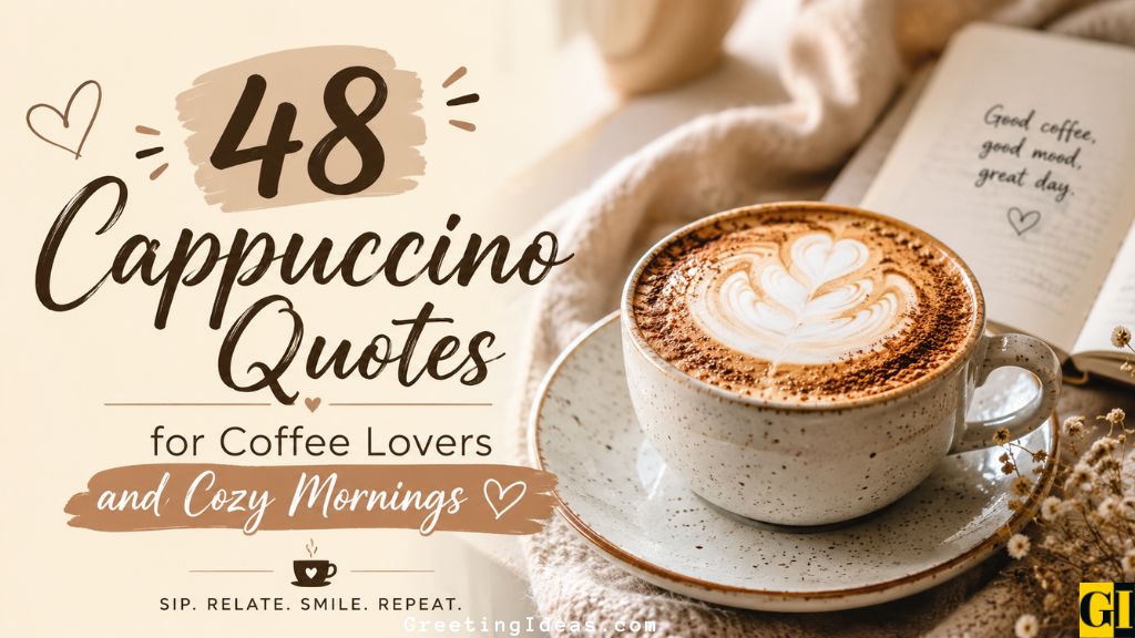 Creamy cappuccino with latte art on a cozy knit surface beside a notebook showcasing a featured coffee quote collection