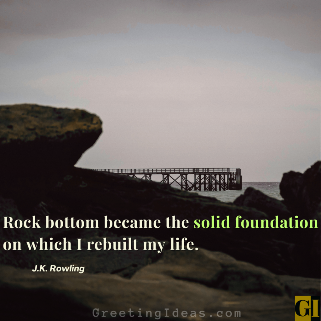 Empowering quote by J.K. Rowling about rebuilding life from rock bottom and turning adversity into strength.