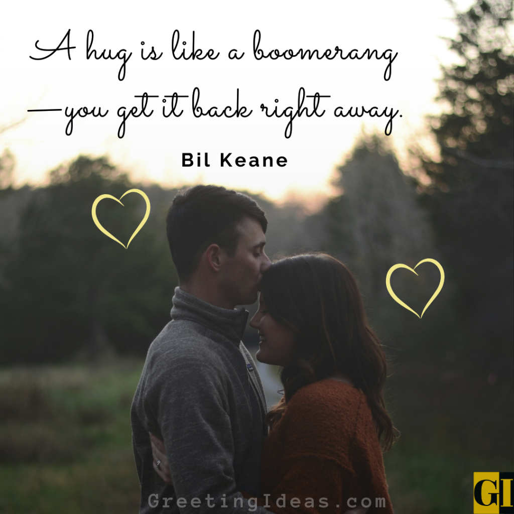Bil Keane inspirational quote about hugs being like boomerangs over intimate couple embracing at golden hour