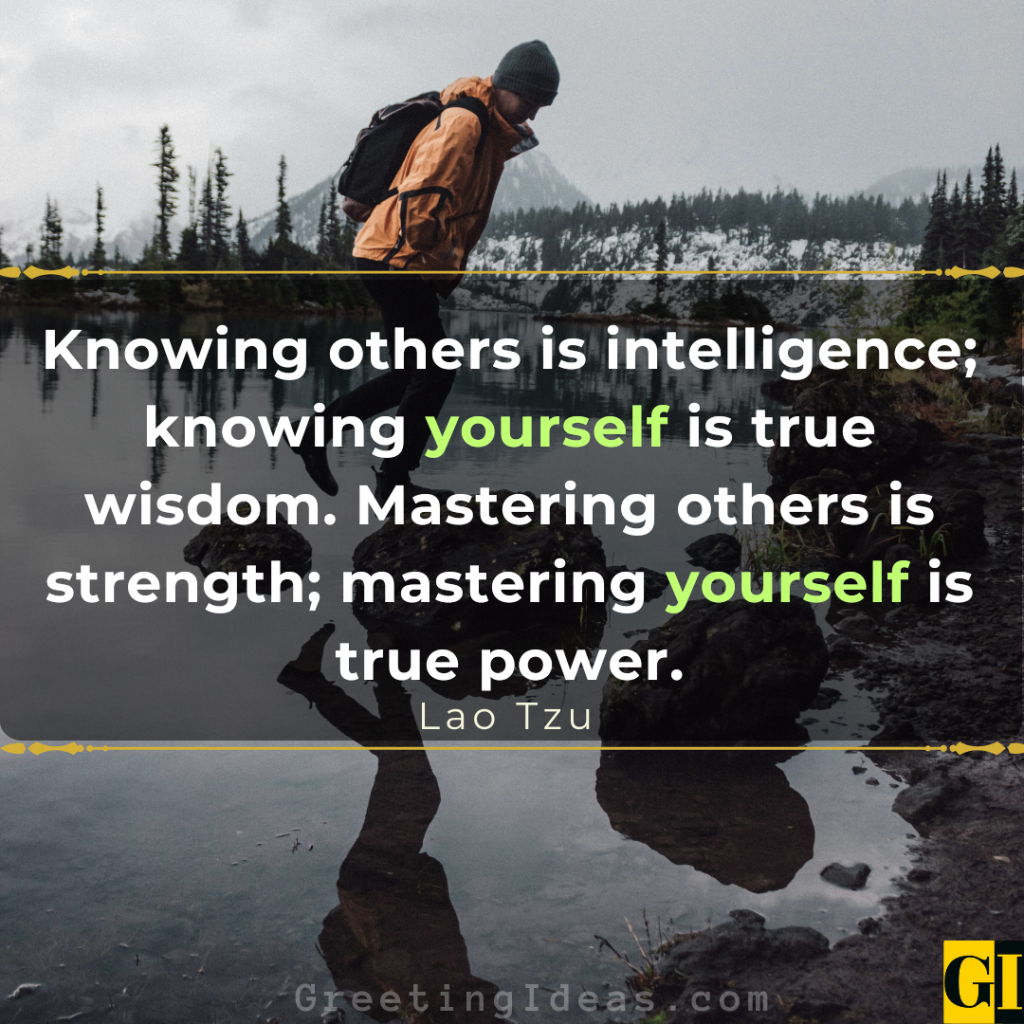 Mountain hiker reflected in lake water with Lao Tzu philosophy quote about self-knowledge being true wisdom and power