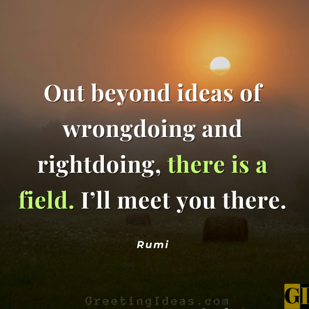 Golden sunset landscape with mystical Rumi quote about transcending judgment and meeting in a field beyond right and wrong