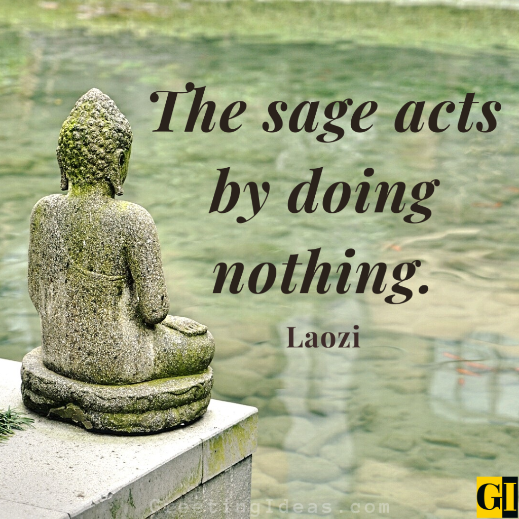 Ancient wisdom about effortless action with weathered Buddha by water representing timeless truth and non-striving