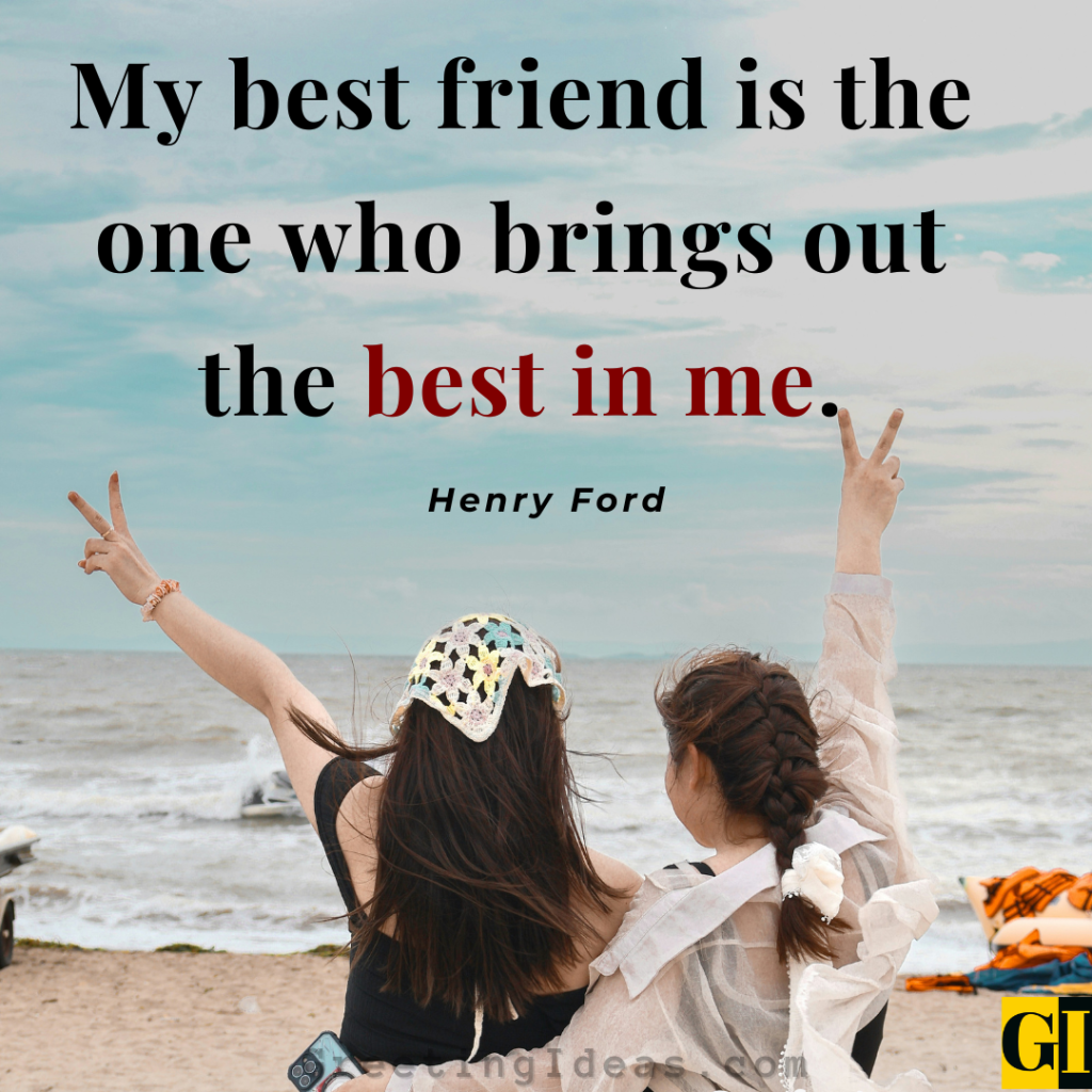 Two friends celebrating at the beach with a Henry Ford quote on trusted presence and lifelong companionship that brings out the best