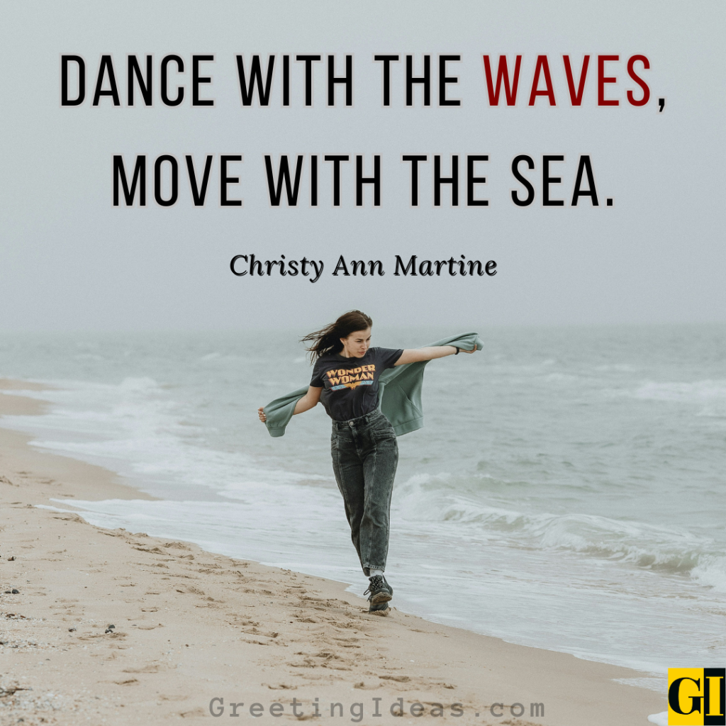 A woman dancing freely on a windy beach illustrating a calming wave quote about strength and resilience by Christy Ann Martine