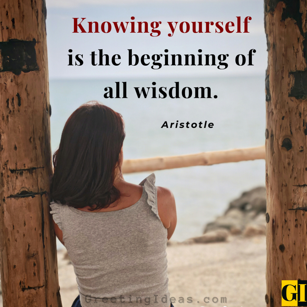  Aristotle quote on self-awareness overlaid on a sea view — single-line truth about knowing yourself as the start of all wisdom 