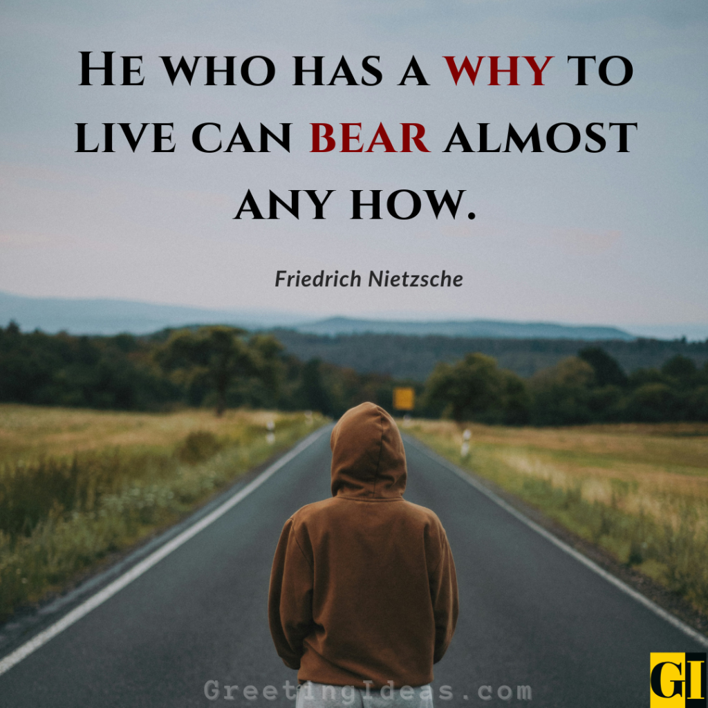  Nietzsche quote on purpose overlaid on a lone road through open fields — timeless expression about finding meaning to endure hardship 