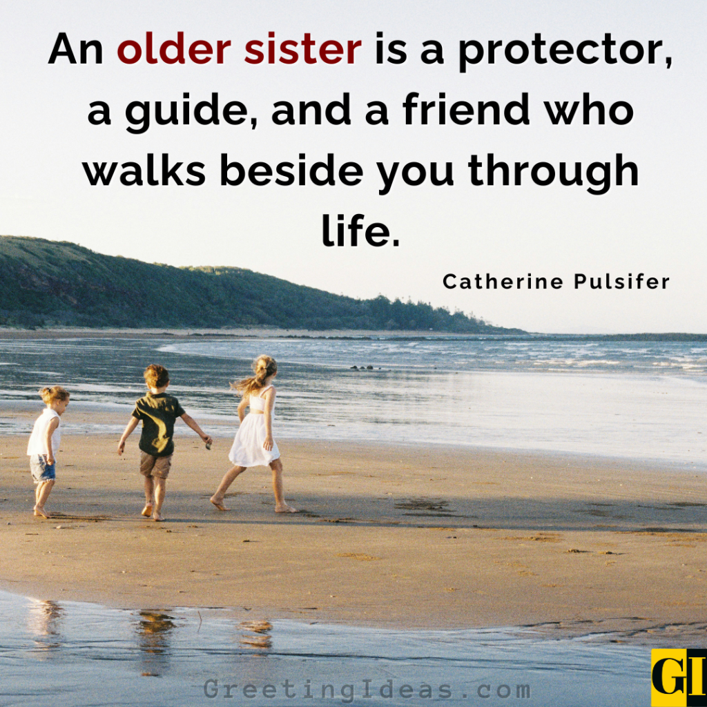 Three children walking along a sunny beach — quote about a protective older sister as guide and friend through life by Catherine Pulsifer