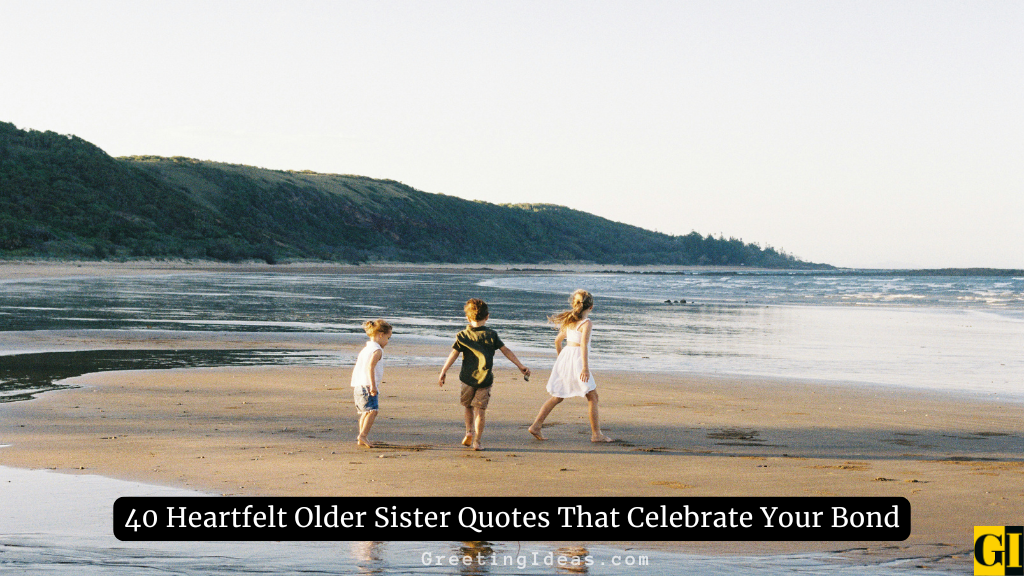 Three children running on a beach — heartfelt older sister quotes celebrating the big sister bond and sibling love